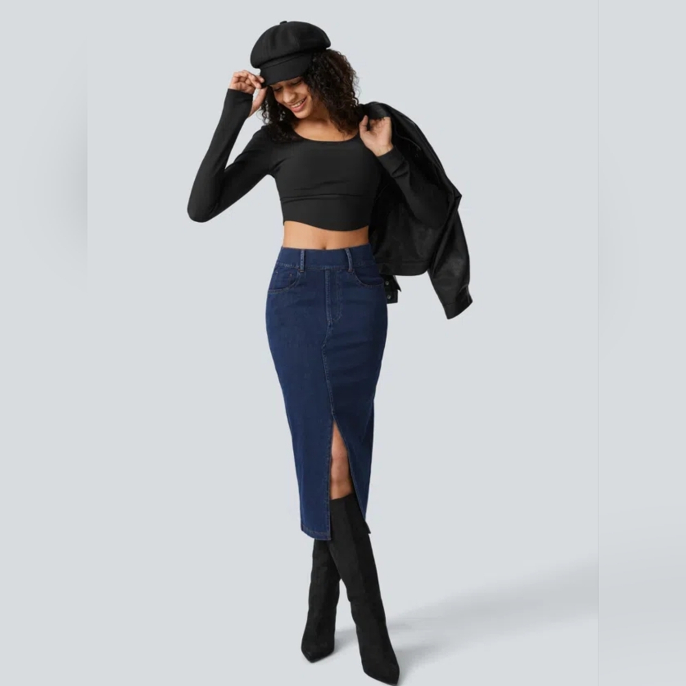 👝HALARA Flex™ High Waisted Bodycon Split Stretchy Denim Casual Midi Skirt,Small
